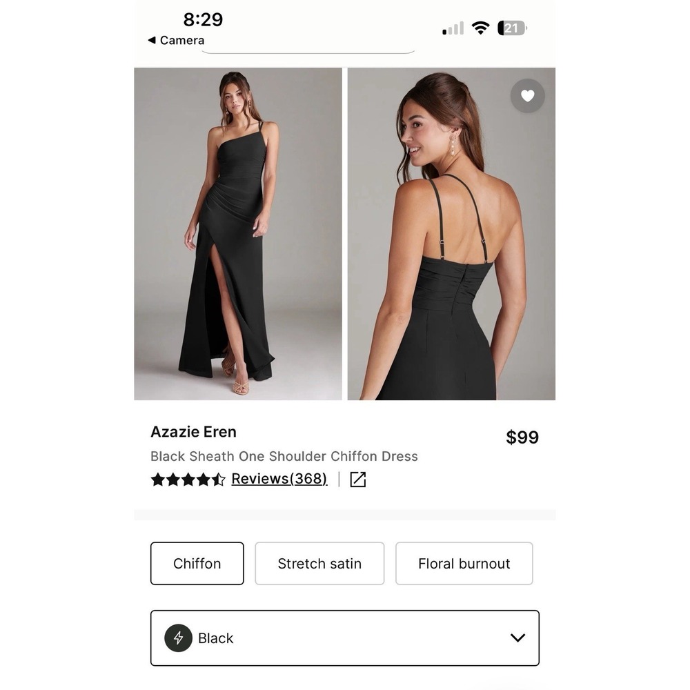 Azazie Erne Black Sheath One Shoulder Chiffon Dress A10 NWT